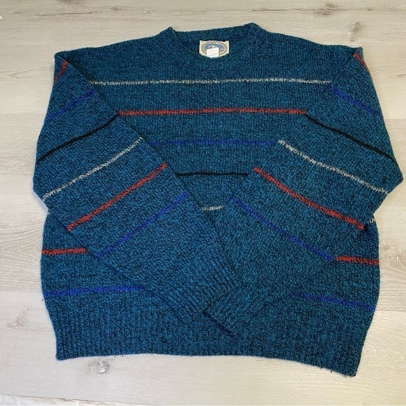 Vintage Wool Blend Sweater, Teal Heather w/Multicolor Stripes size Large - Picture 1 of 11